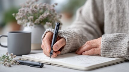 Elderly caucasian woman writing in journal at cozy home with plants and coffee