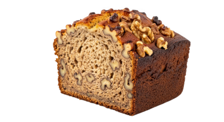 Closeup of a slice of banana bread with walnuts