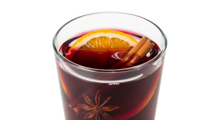 Crimson mulled wine in a glass with orange slice cinnamon star anise
