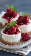 Mini cheesecakes with raspberries and mint garnish on ceramic plate