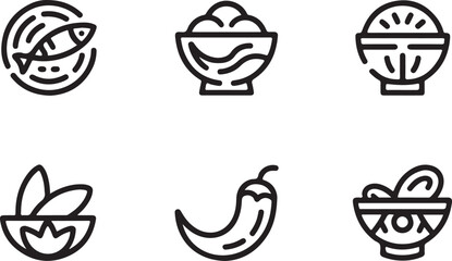 Food Icon Set, Minimalist Line Art Symbols for Fish, Veggies, Chili Pepper and Bowls for Cooking and Restaurant Design