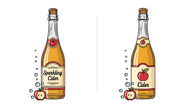 Two bottles of sparkling apple cider and regular cider with apple illustration and bubbles
