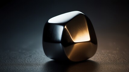 Smooth, polished abstract sculpture with reflective metallic surfaces, showcasing a blend of dark and warm tones on a textured background, evoking sophistication and modern design.