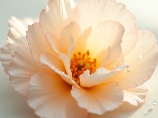 Fototapeta premium Soft focus close-up of a delicate peach flower with water droplets, radiating gentle warmth and beauty.