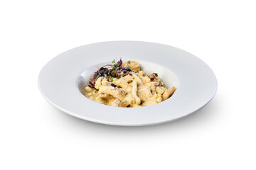 White plate with spatzle pasta and cheese on transparent background