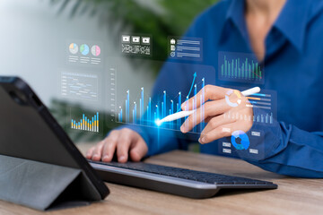 Business Marketing Strategy Concept, Businesswoman Analysing Growth Charts, Forecasting Future Performance, Evaluating Financial Expansion, Identifying Market Opportunities, Long-Term Business Success