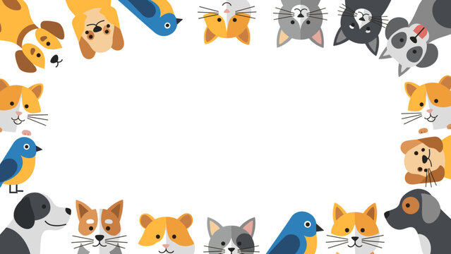 Cute cartoon pets border frame with dogs cats and birds looking down into empty white space for text