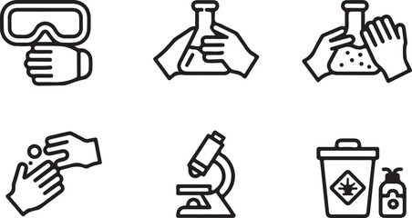 Science Lab Safety Icon Set, Line Art Goggles, Lab Equipment, Handwashing, Microscope and Biohazard Symbols