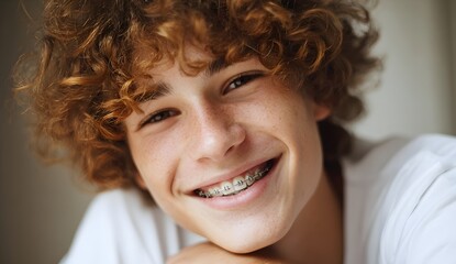 Smiling curly haired teenager with braces in a natural light portrait, showing joyful expression, freckles, and youthful confidence in a cozy indoor setting.