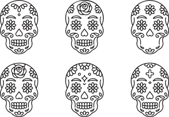 Sugar Skull Line Art Set, Minimalist Día delos Muertos Skull Illustrations for Crafts and Décor