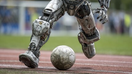 A robotic figure skillfully maneuvers a soccer ball on a vibrant field filled with spectators.