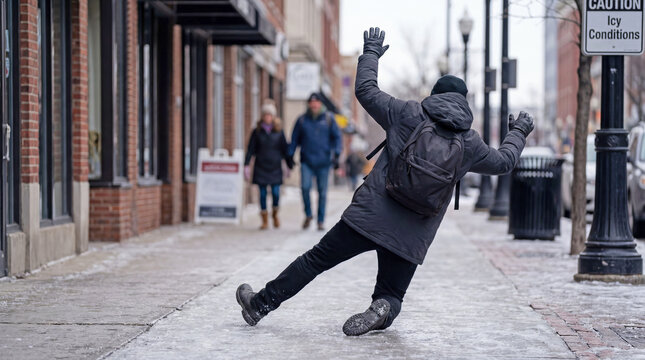 Person slipping on icy sidewalk in urban winter street setting