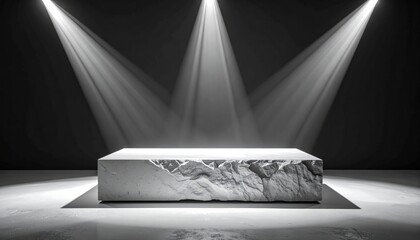 White platform under spotlight on dark floor, casting shadow, textured, fractured surface