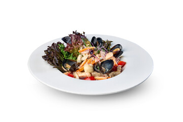 Seafood salad with mussels on a white plate