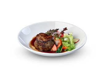 Filet mignon steak with fresh salad on transparent background