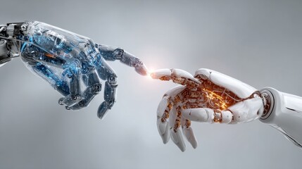 Two robotic hands reach toward each other showcasing the blend of technology and human creativity.