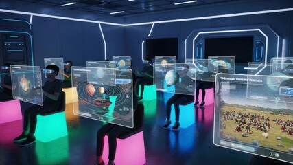 People using virtual reality headsets in modern tech environment - Powered by Adobe