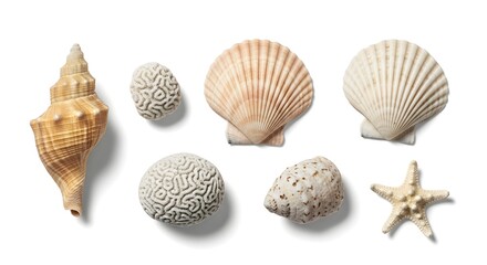 A collection of diverse natural seashells, coral fragments, and a delicate starfish, arranged on a pristine white background, showcasing serene ocean treasures
