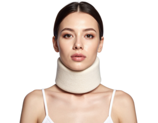 A close-up studio portrait of a serious young adult woman wearing a beige cervical collar or neck brace on a clean transparent background.