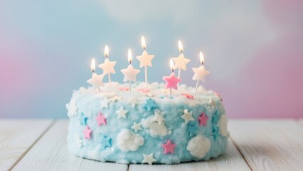 Beautiful Blue Birthday Cake with Star Candles for a Celebration