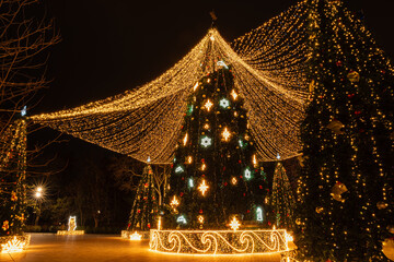 Illuminated Christmas trees in a festive night city square, creating a magical holiday scene. © artifirsov