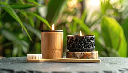 Two candles, bamboo toothbrush, and stone rests against leafy green backdrop evoke tranquility and natural elements