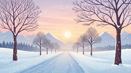 Naklejka premium A serene winter landscape with a snow-covered road leading towards snow-capped mountains at sunset.