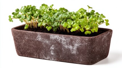 Sprouting microgreen plants in brown planter box