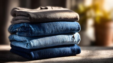 Neatly stacked pile of blue denim jeans in various washes with a soft cotton t-shirt on top, illuminated by bright natural lighting on table.