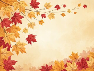 Vibrant autumn maple leaves in shades of red and yellow gently fall against a soft, warm-toned background, evoking a sense of seasonal change and natural beauty