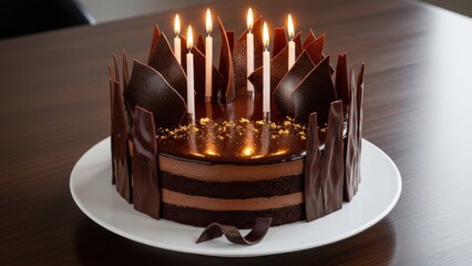 Decadent Chocolate Layer Cake Adorned with Lit Candles and Shavings