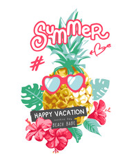 Obraz premium summer slogan with pineapple and hibiscus flowers vector illustration