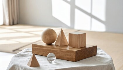 Wooden geometrical shapes (sphere, cone, cube, pyramids) on a platform atop a wrinkled off-white cloth