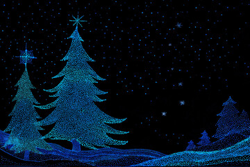Glowing blue dotted Christmas trees with starry accents on a snowy background, Abstract neon blue Christmas tree design featuring stars and winter snow.