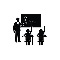 Silhouette Teacher at Blackboard with Students Raising Hands. Classroom Interaction Question and Answer. Teacher Instruction with Engaged Students.