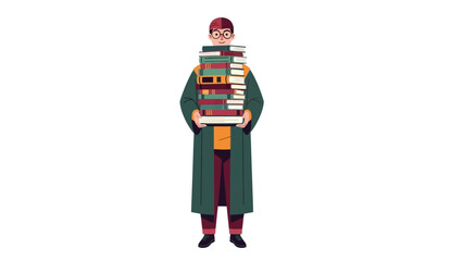 Smiling academic holding a tall stack of books for education.