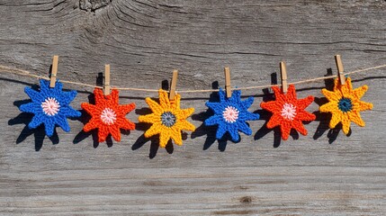 Crochet flowers hanging on wooden background