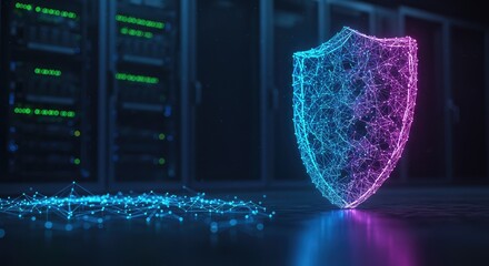 Cybersecurity shield protects data in modern server room with glowing neon network, guarding digital assets with advanced encryption technology