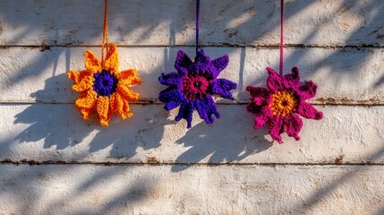 Crochet flowers casting shadows on rustic wooden wall
