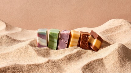 Artisan soap bars displayed on sandy dunes
