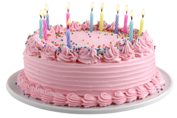Delicious pink frosted birthday cake with lit candles and sprinkles isolated on transparent background