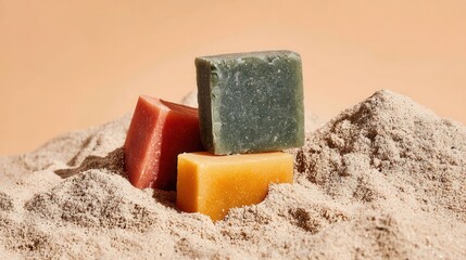 Colorful natural soaps on sand: sustainable beauty concept