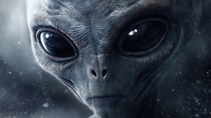 Obraz premium An alien with large black eyes appears thoughtful as it gazes through a cosmic background.