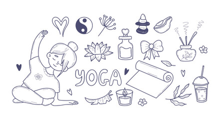 Yoga Wellness Doodles Set. Woman Meditation, Stretching, Practicing Pose, Mat, Lotus, Candle And Zen Accessories. Isolated Hand Drawn. Line Art. Vector Illustration. Not AI