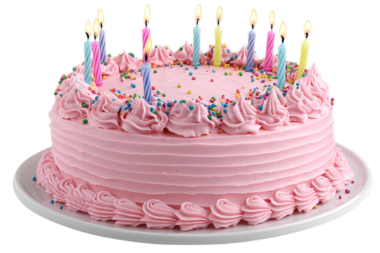 Delicious pink frosted birthday cake with lit candles and sprinkles isolated on transparent background - Powered by Adobe