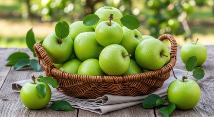 Freshly picked Granny Smith apples glistening with water droplets in rustic basket on wooden table, evoking feelings of healthy eating and autumnal harvest