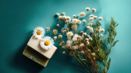 Daisy soap flat lay with floral arrangement on teal background