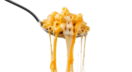 A spoon piled high with macaroni and cheese