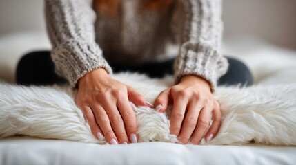 Cozy textures: hands on soft faux fur blanket