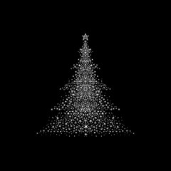 Glowing Christmas tree: minimalist triangular Christmas tree with white sparkling stars on a black background for modern holiday design.